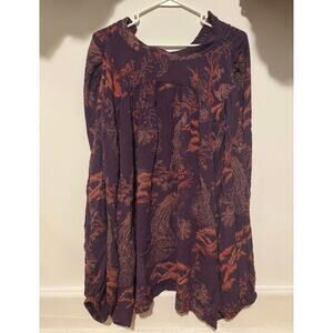 Free People Blouse, Button Down, Oversized, Peacock Print, Purple, Size Small